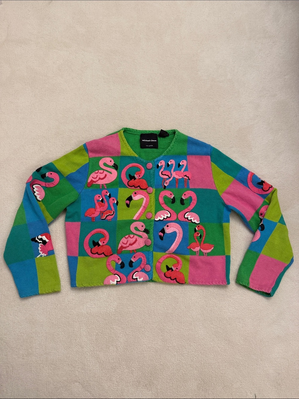 Michael Simon colorful vintage 1999 Flamingo knit sweater cardigan size L - Picture 6 of 15